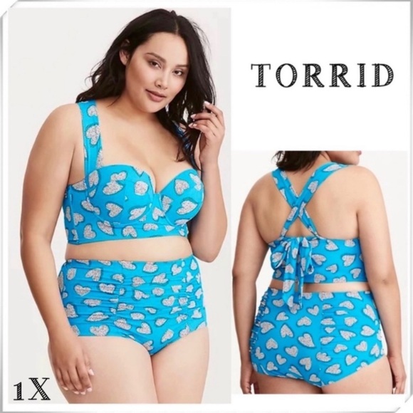 TORRID Heart Print 70s Style High Rise Coverage Tammy Bikini Beach Blue Size 1X - Picture 1 of 14
